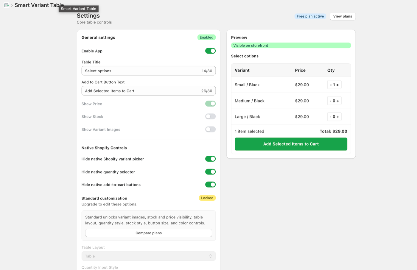 Smart Variant Table settings and storefront preview